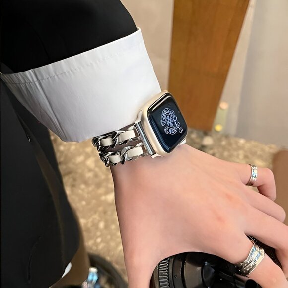 Apple Watch Band Luxury Adjustable Stylish Strap Silver Stainless Chain White - Picture 1 of 7